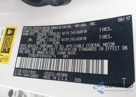 2017 Toyota Highlander Le from USA, damaged, VIN 5TDBZRFH3HS456714